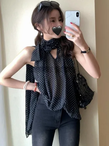 Neploe Корейская офисная женская шифоновая рубашка на шнуровке средней длины, элегантные свободные блузки с бантом в горошек, повседневные милые блузки принцессы