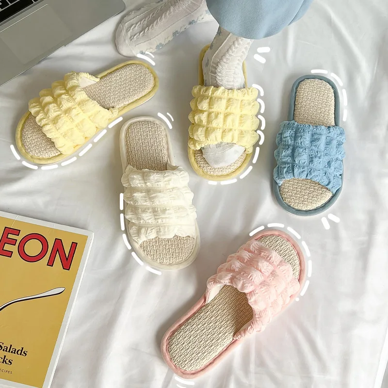 Ins Linen Slippers Thick Bottom Bubble Girl Warm Slippers Home Cotton Linen Soft Bottom Slippers Shoes Women Comfortable Fashion