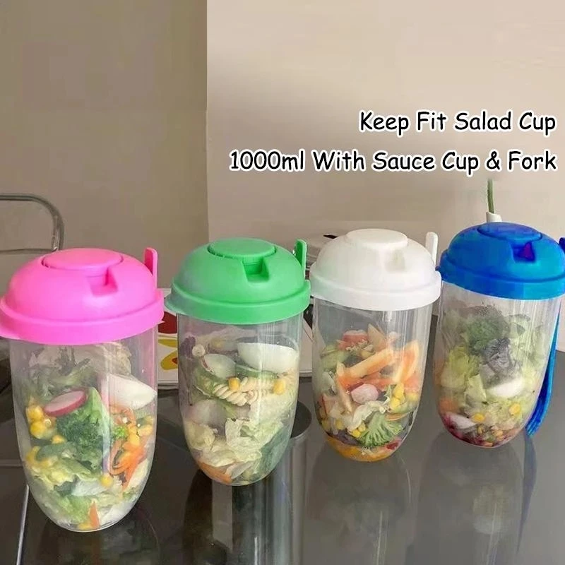 

1000ml Large Capacity Salad Cups Portable Overnight Oats Container As Lunch Bento Salad Bowl Bottle Cup Salad Box Food Holder