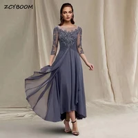 elegant chiffon mother of the bride dresses 2022 lace appliques illusion a line tea length wedding party guest gowns for women