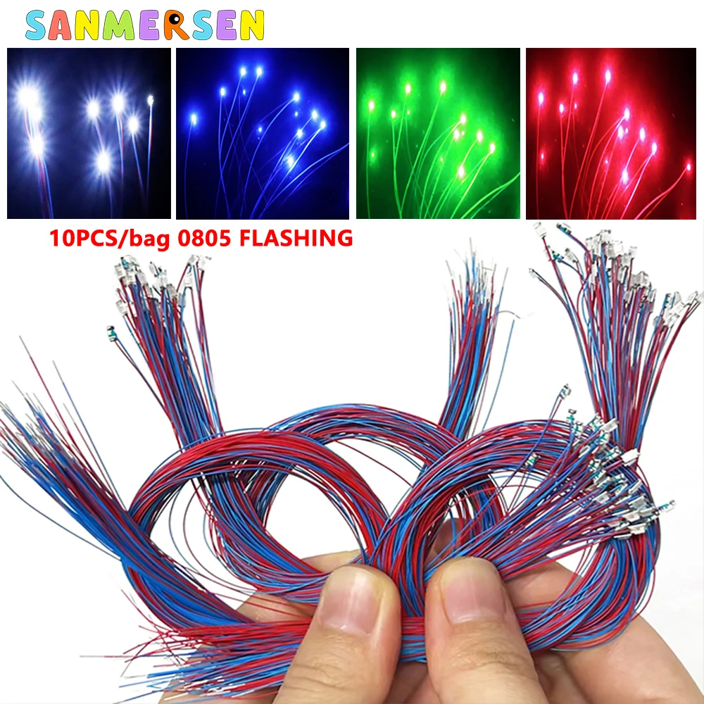 Фото 10 шт./пакет 0805 FLASHING SMD лампа проводной Micro Litz светодиодный предварительно припаянный чип проводной 30 см 3 В железная дорога DIY модель игрушечный светильник провода №1
