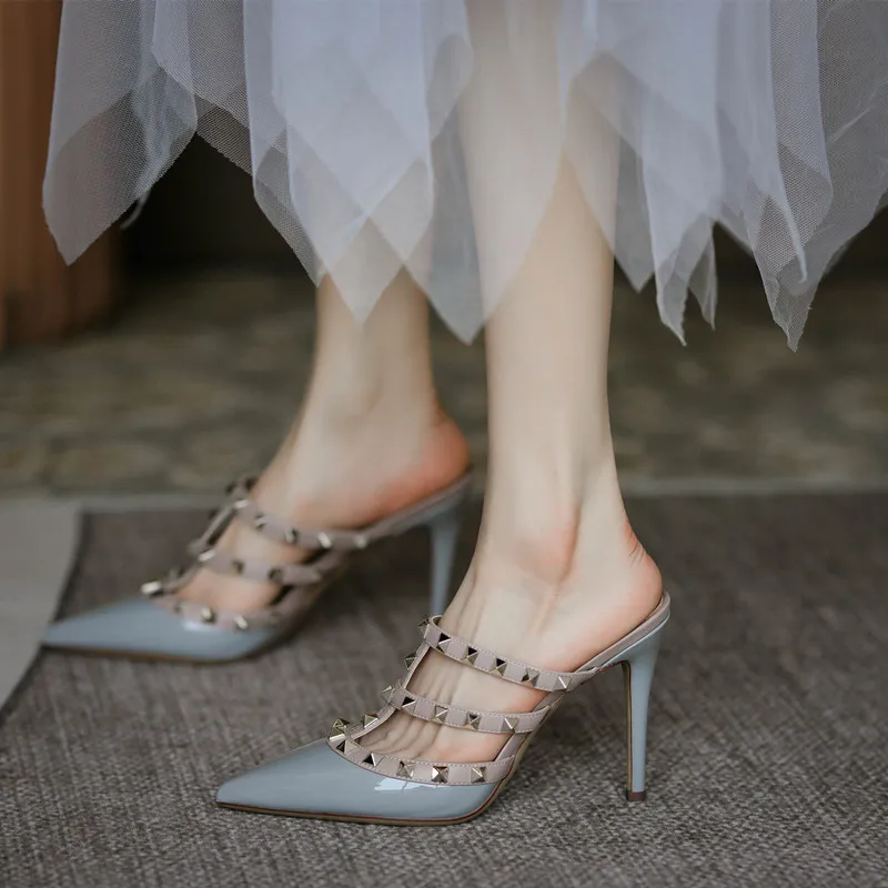 For Women's Shoes Brand High Heels Shoes Summer Sandals Leather Designer Rivet Pumps Casual Pointed Toe Slippers 6cm 8cm 10cm