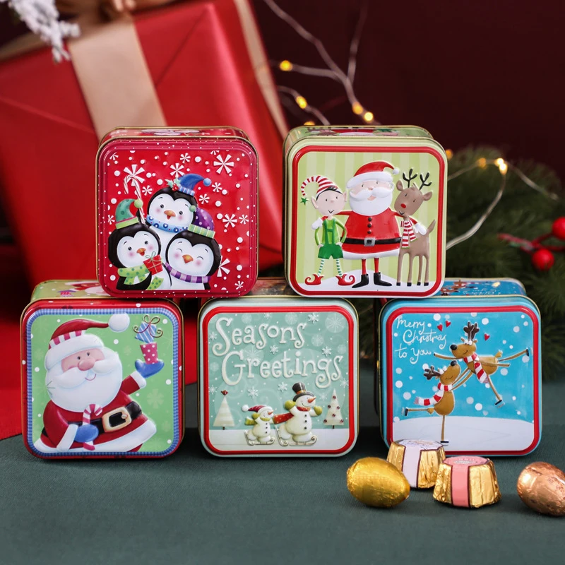 

Christmas Tinplate Candy Boxes Mini Chocolate Cookies Storage Can Square Metal Gift Wrapping Box Xmas Party Holiday Supplies