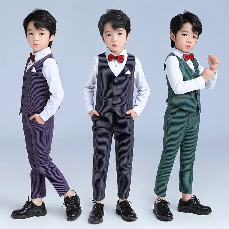 

Children Waistcoat Sets Spring Autumn New Boys Hosts Piano Performance Suits Striped Vest Pants School Kids Handsome Dress 3-14Y