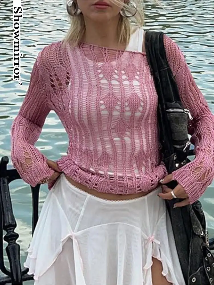 

Cute Pink Crochet Hollow Out Sweaters tee shirt Y2K Women Long Sleeve Pullovers Knit Slim Fit Cute Tops Fashion Outfits tshirt