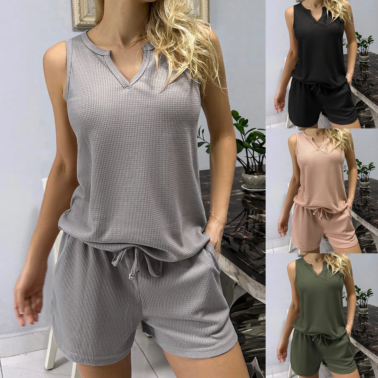 

2023 Summer Casual Woman Shorts Set V Neck Sleeveless Top+Elastic Waist Shorts 2 Piece Sets Solid Waffle Outfits