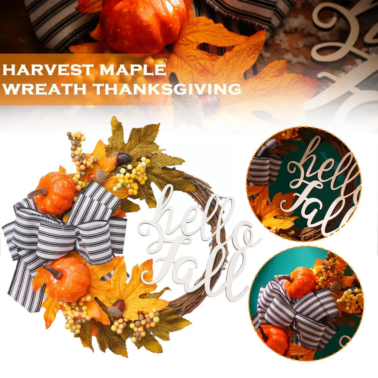 

2022 Autumn Theme Door Wreath Artificial Pumpkin Berries Pine Maple Manmade Cone Decoration Cloth Garland Rattan Material H X5x3