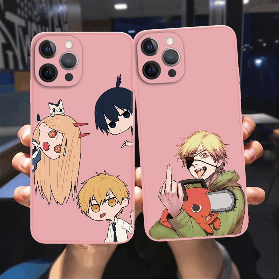 

Cute Anime Chainsaw Man Phone Case For iPhone 11 12 13 Pro Max X XR XS MAX X 8 7 Plus 13Mini Pink liquid soft Candy colors case