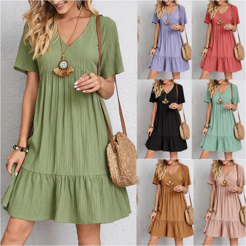 

2023 Summer Fashion New Women's Casual Deep V Solid Dress Elegant Loose Short Sleeve Pullover Mini Dress