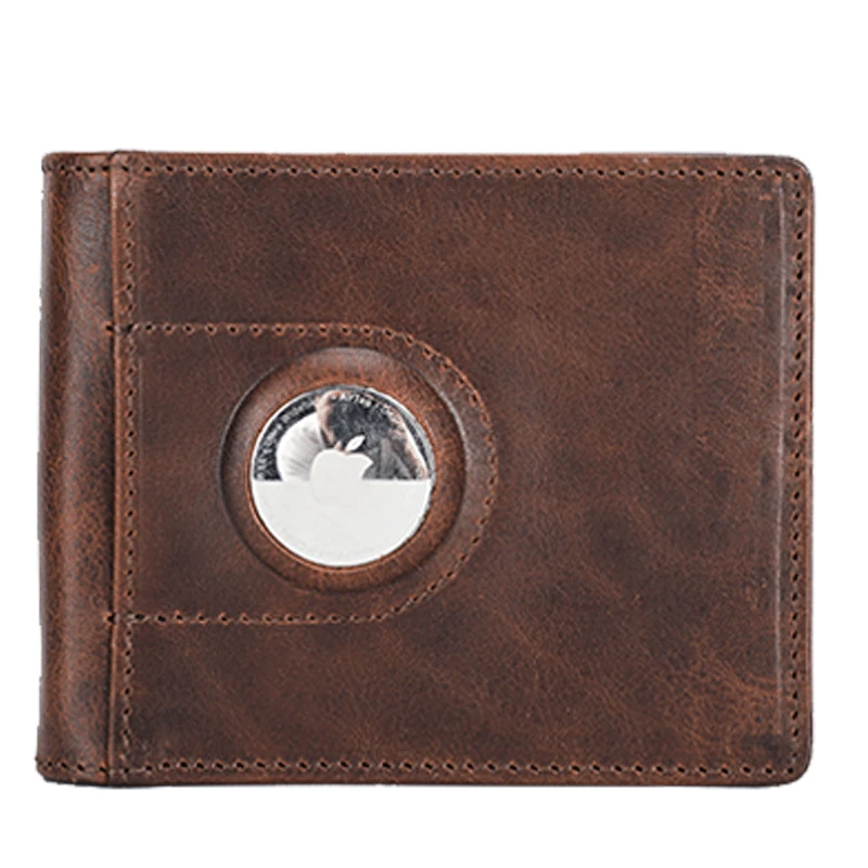 Genuine Leather RFID Blocking Brush Man Anti Loss Tracker Dollar Large Capacity Zipper Coin Purse Money Clip Wallet