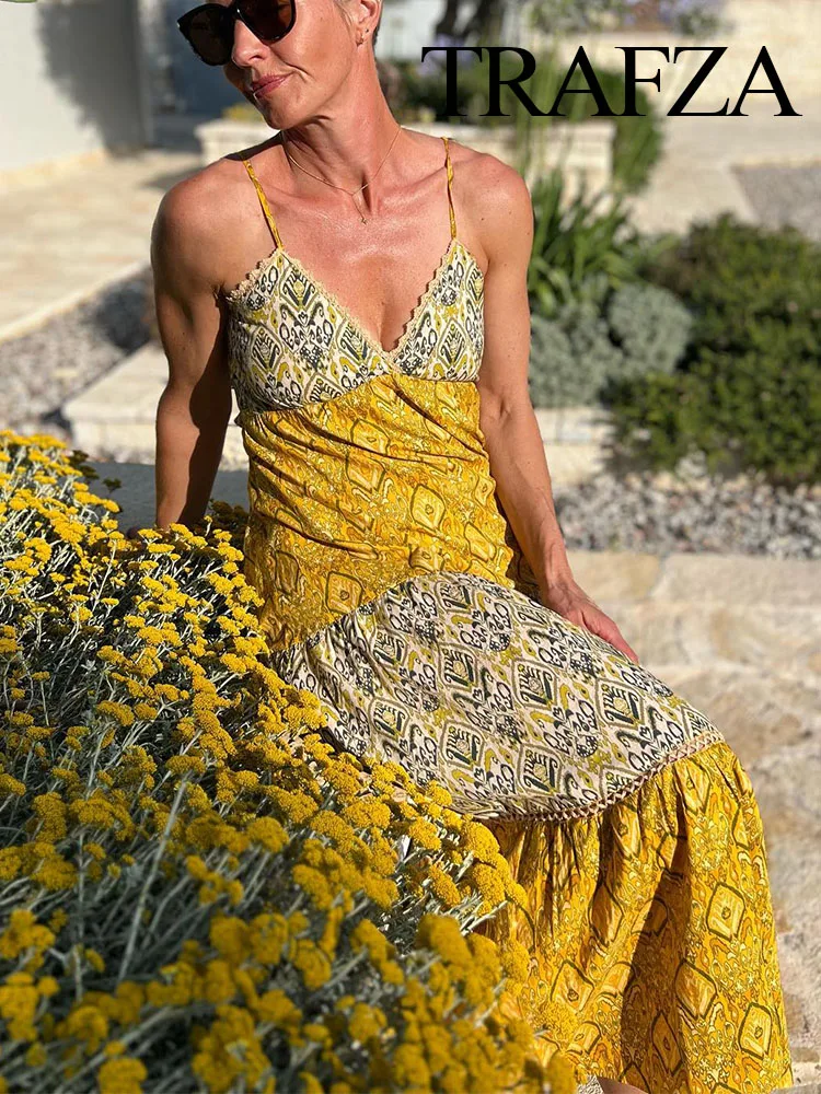 

TRAFZA Women Print Slip Long Dresses for Women Boho Pleated Midi Dress Woman Asymmetric Beach Dress Sexy Backless Evening Dress