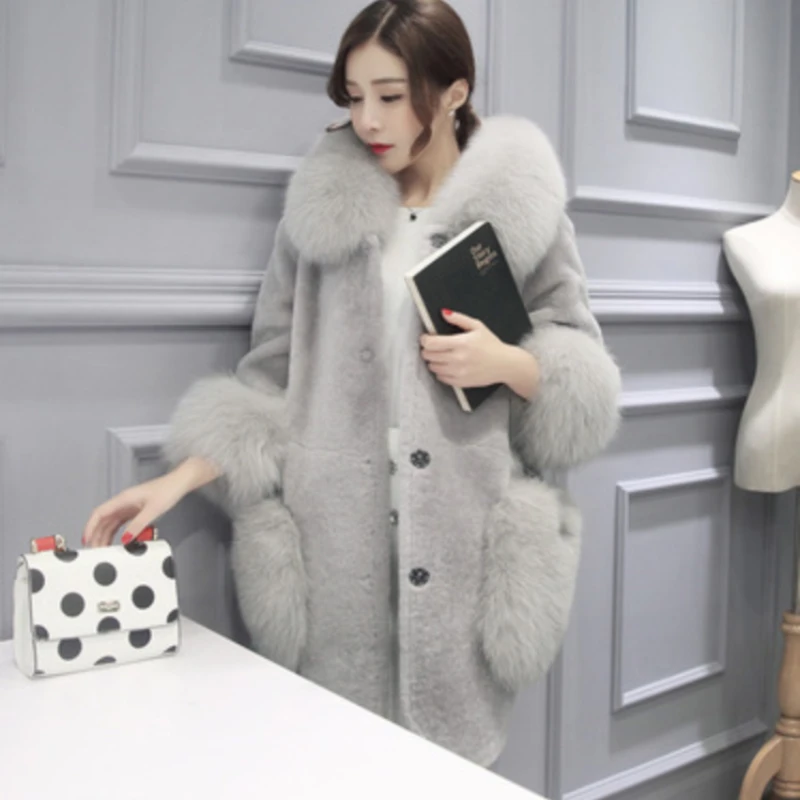 Elegant Temperament, Imitation Rabbit Fur Coat, Winter Imitation Fur Coat, Commuting Middle Long Coat, Fox Fur Collar