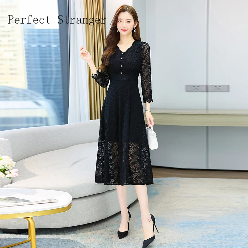 

Dress Women 2022 Spring Autumn Casual Lace Long Sleeve One Piece Dress Korean Evening Party Elegant Midi Dress Female