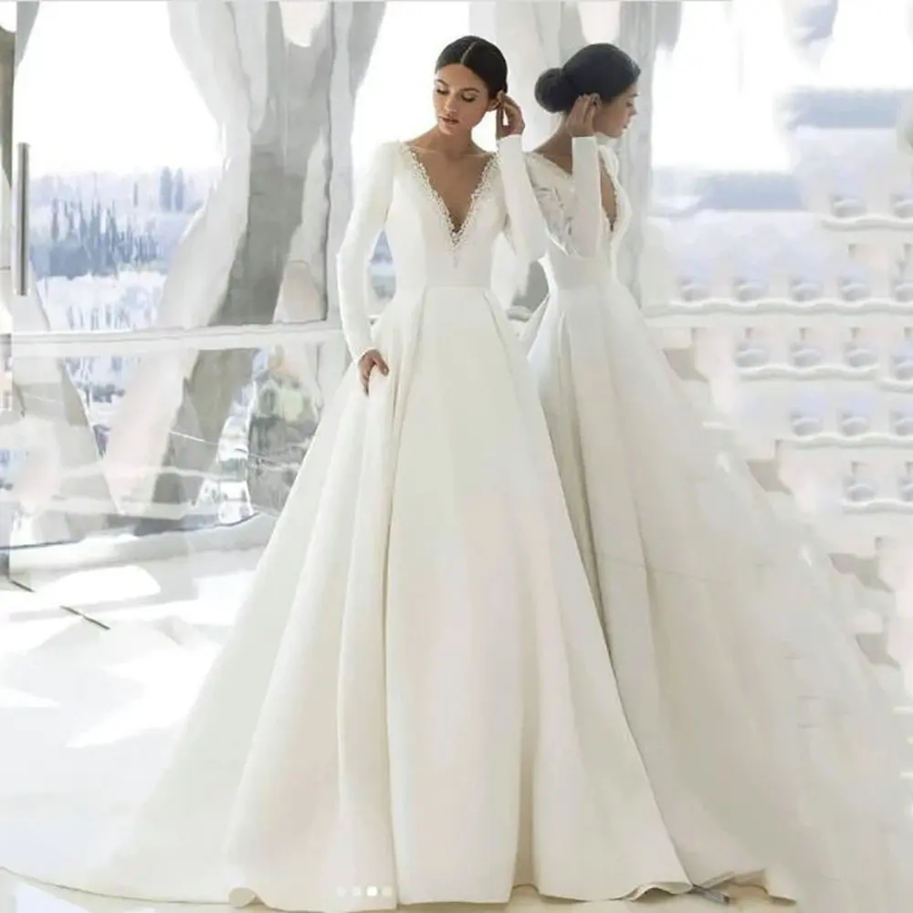 

Elegant Satin Beading Wedding Dress V-neck Long Sleeves Open Back A-Line Bride Gown Fashion 2022 Vestido De Novia Robe De Mariée