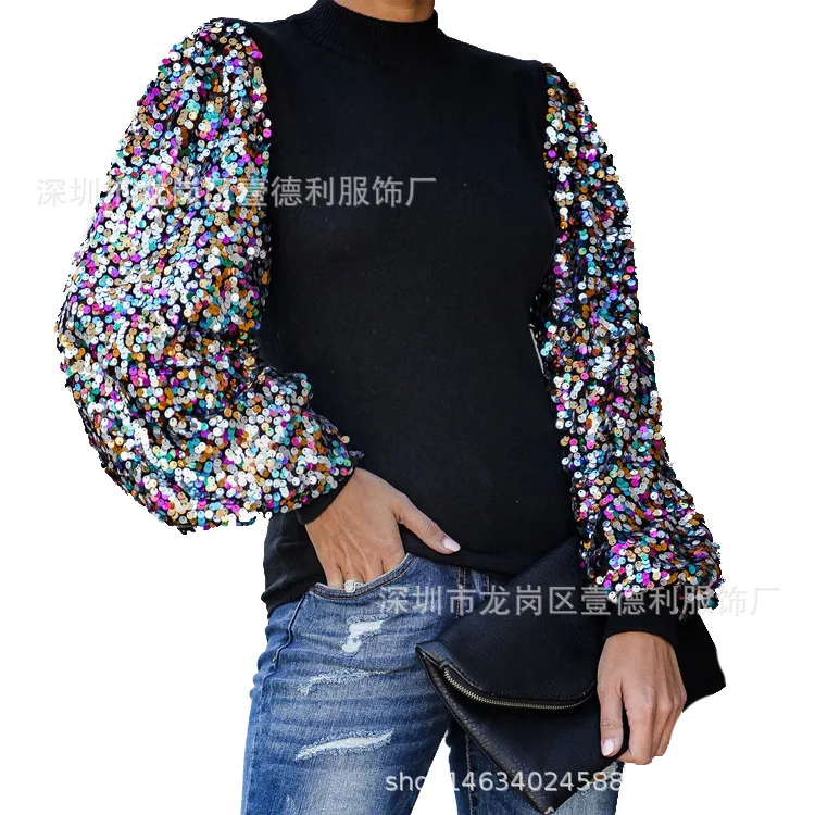 

Women's Hot Sale Fashion Half High Collar Sequin Patchwork Lantern Sleeve Long Sleeve Top Autumn and Winter New 2021