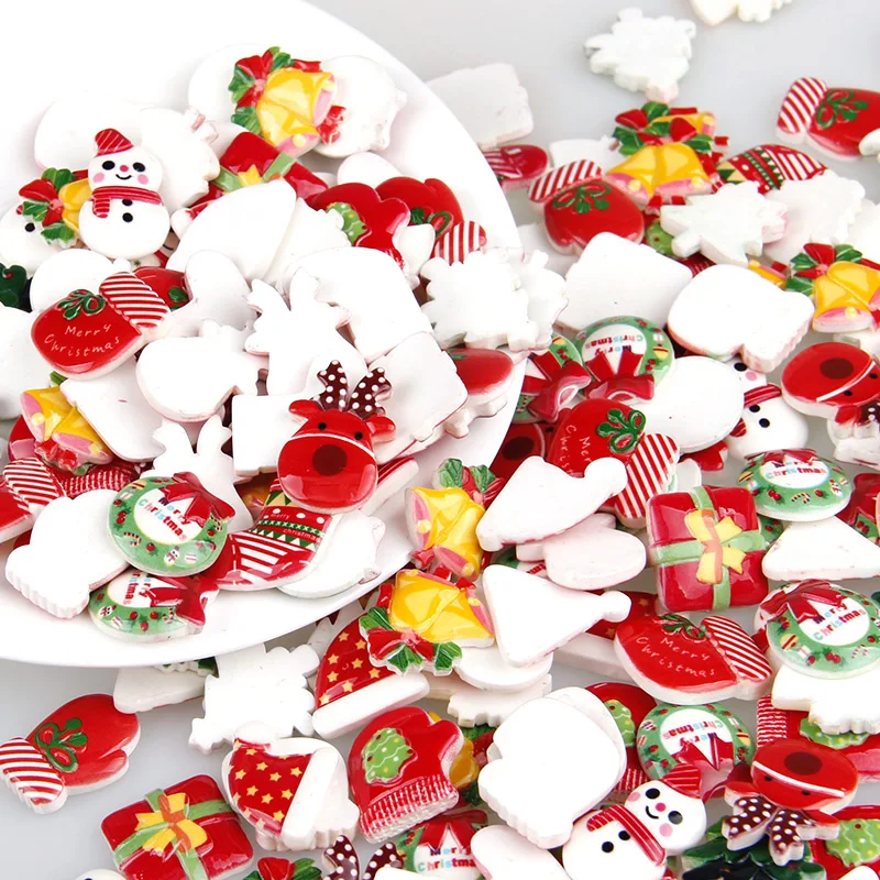

30pcs Mix Christmas Tree Shoes Snowman Gift Dessert Cartoon DIY Resin Flatback Cabochon Lucky Bag Fit Hair Clips Embellishments