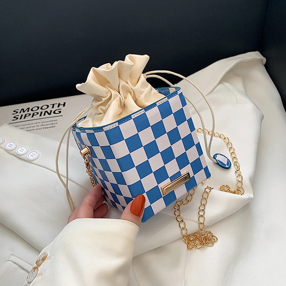 

Модные квадратные сумки через плечо для женщин, текстурированная клетчатая сумка-мешок из искусственной кожи на шнурке, сумки для телефона ...