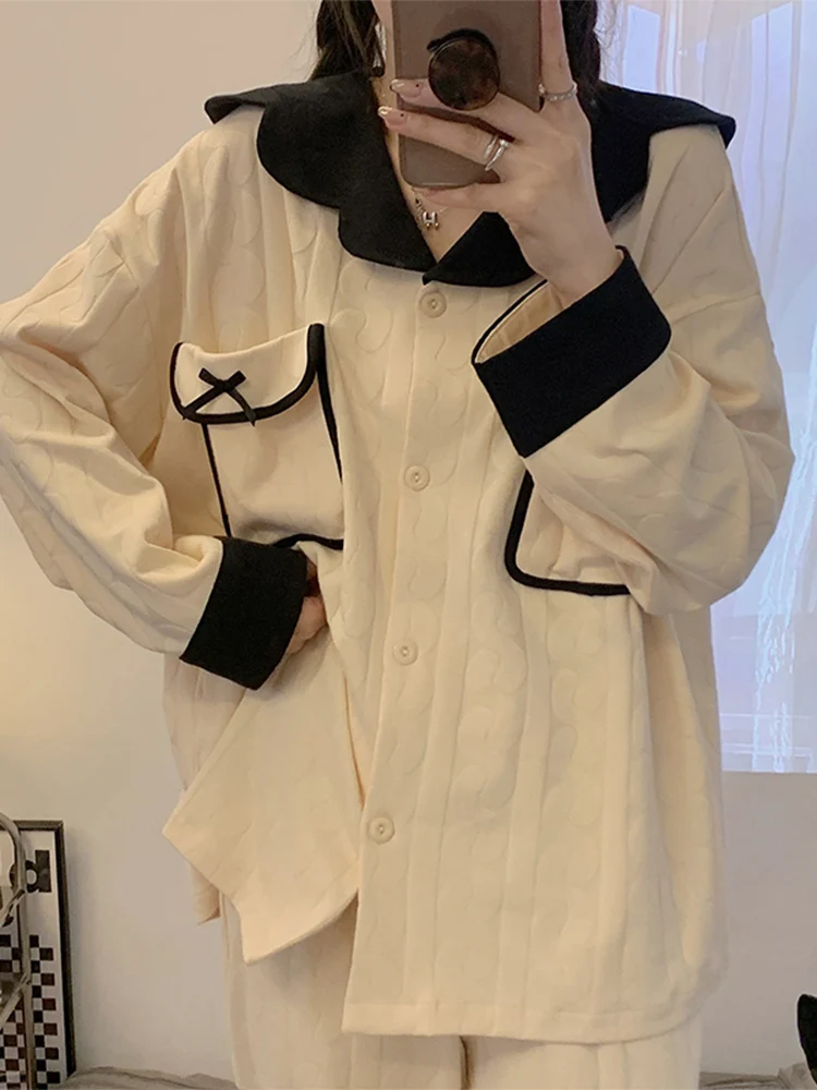 Pure Cotton Pajamas for Women Spring Autumn Winter Simple 2023 New High Sense Long sleeve Casual Solid Homewear Set