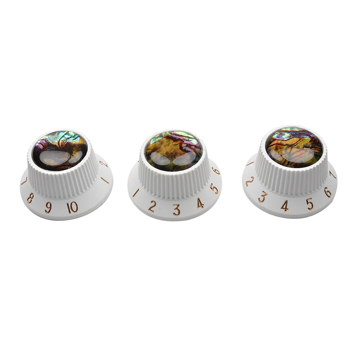 

Musiclily Pro Plastic Inch Size Abalone Top Strat Knobs for USA Stratocaster ST Style Guitar, White (Set of 3)