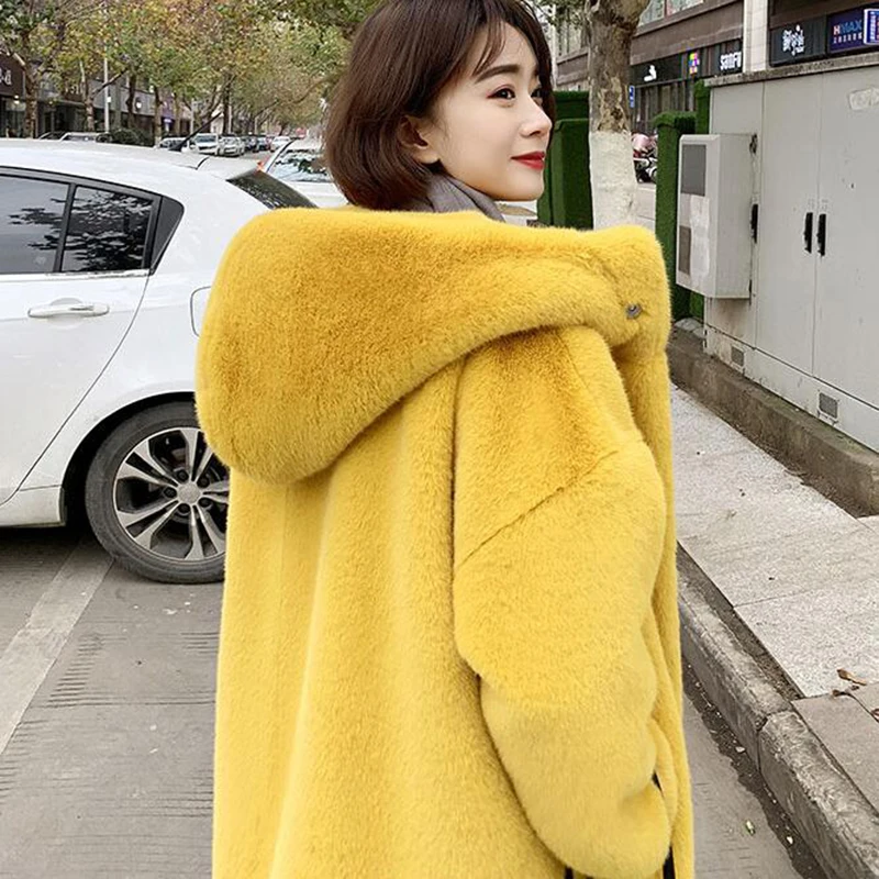 x-long fur hooded coat long women top fuax rabbit fur Women's imitation oversize outdoor luxurious thick warm h large winter
