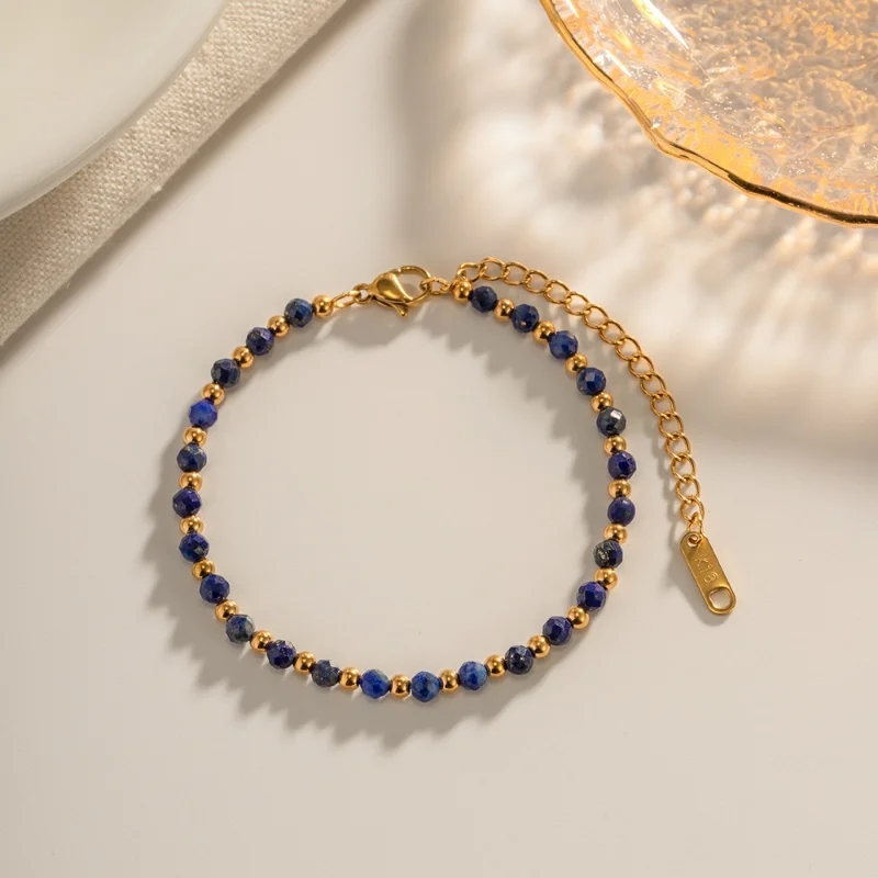 

Minar Exquisite Navy Blue Lapis Lazuli Natural Stone Beads Strand Bracelets 18K Gold Plating Titanium Steel Bracelet for Women