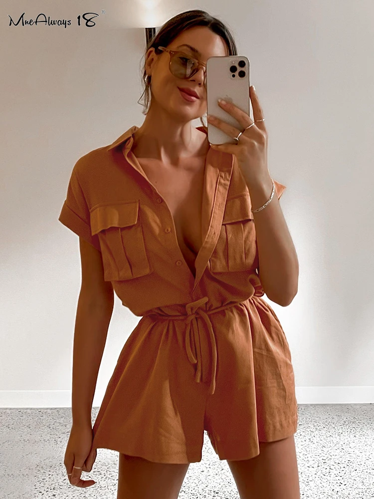 

Шикарный хлопковый комбинезон Mnealways18 с поясом, женские шорты с высокой талией, короткие рукава, летние коричневые комбинезоны, элегантный ж...