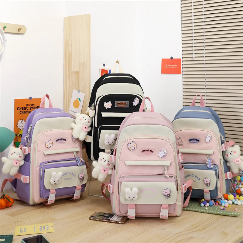 5pcs Set School Bag Girls Multifunctional Student Book Bags Large Capacity Teen Girl Schoolbag Badge Kawaii Backpack Women 2022
