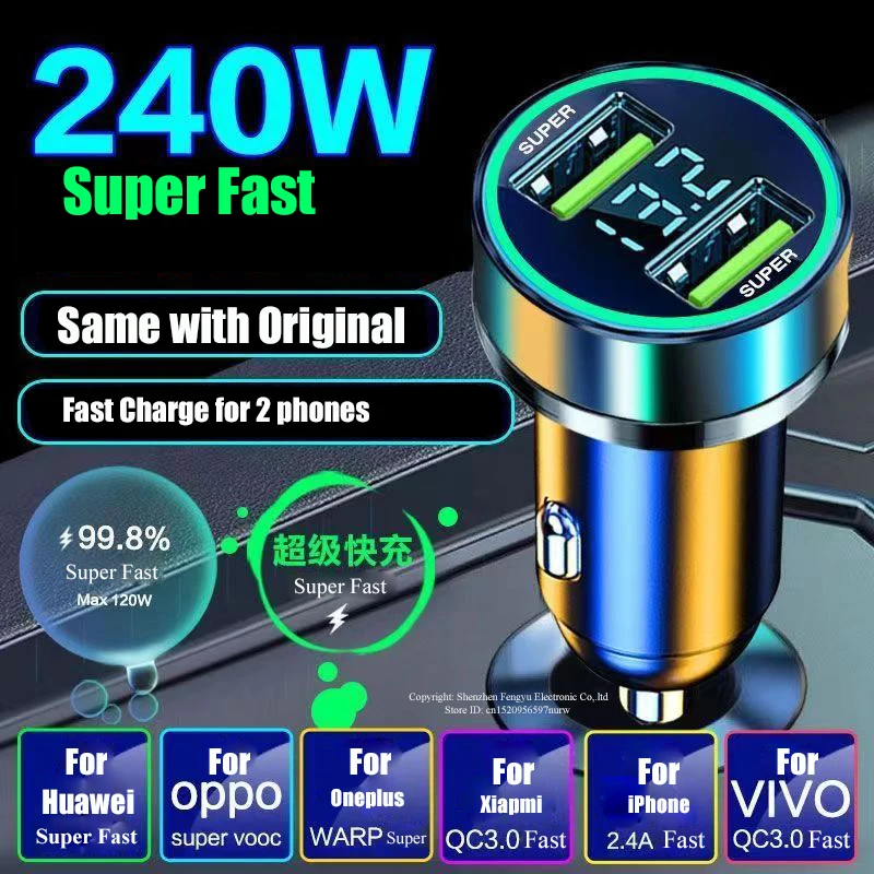 

USB Car Charger 12V Super Fast Charging with 2 Port 240W for Huawei Oneplus OPPO iPhone 14 Pro Max Plus 13 12 11 Xiaomi Samsung