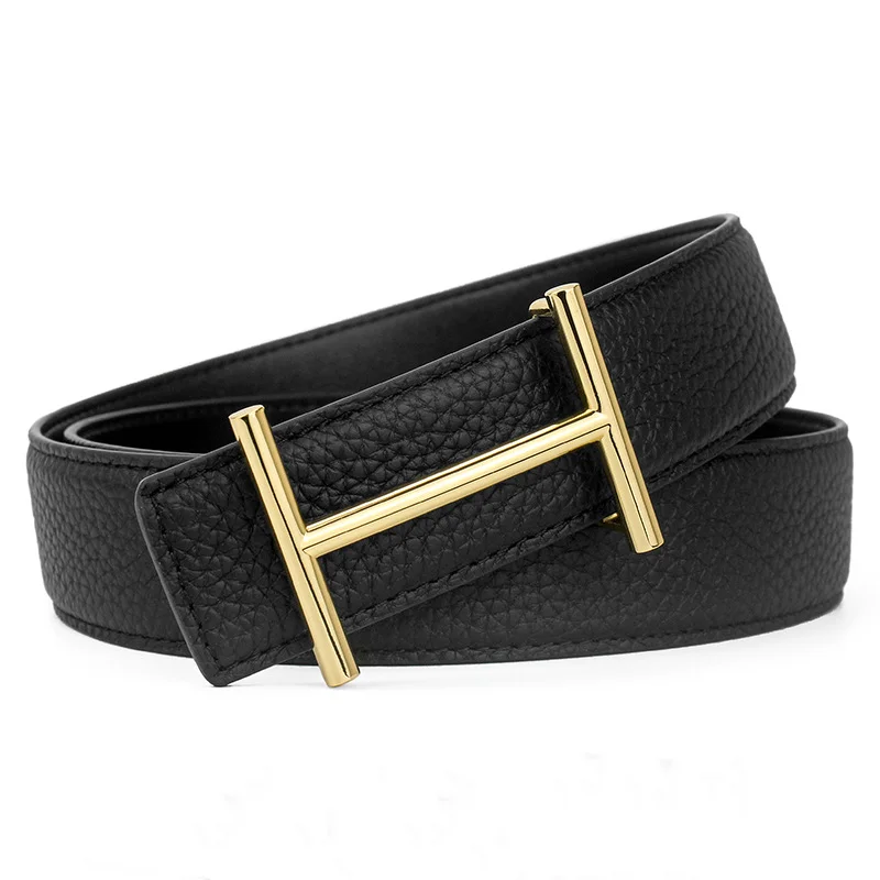 High Quality Belt UNISEX First Layer Cowhide Men's and Women's Lychee Grain Smooth Buckle Belt Letter Fashion I-shaped Belt