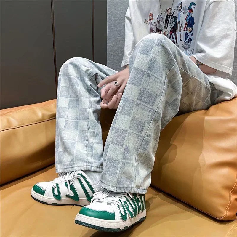 DEEPTOWN Plaid Straight Jeans for Men Loose Wide Leg Denim Pants Male Black Blue Trousers Casual Streetwear Hip Hop Fashion