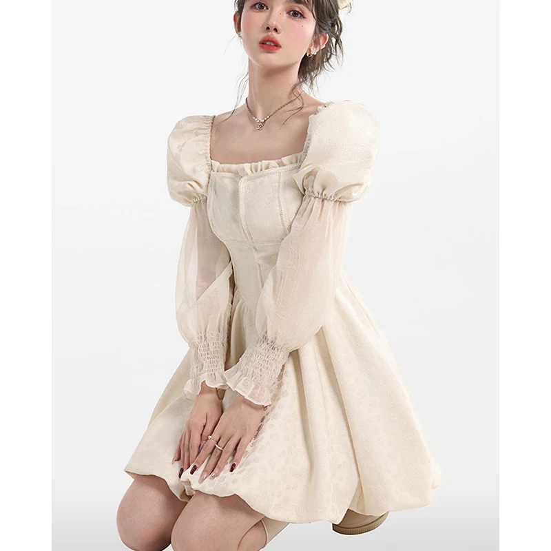 

Fairy Women's Dress Vintage Elegant Sweet Casual Office Lady Princess Mini Dresses New Fashion Korean Square Neck Puff Sleeve