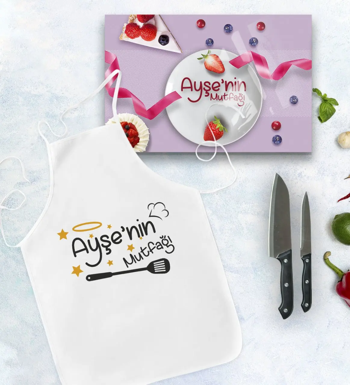 

Индивидуальное название кухонный фартук и стеклянный резной стол подарочный набор модель 16