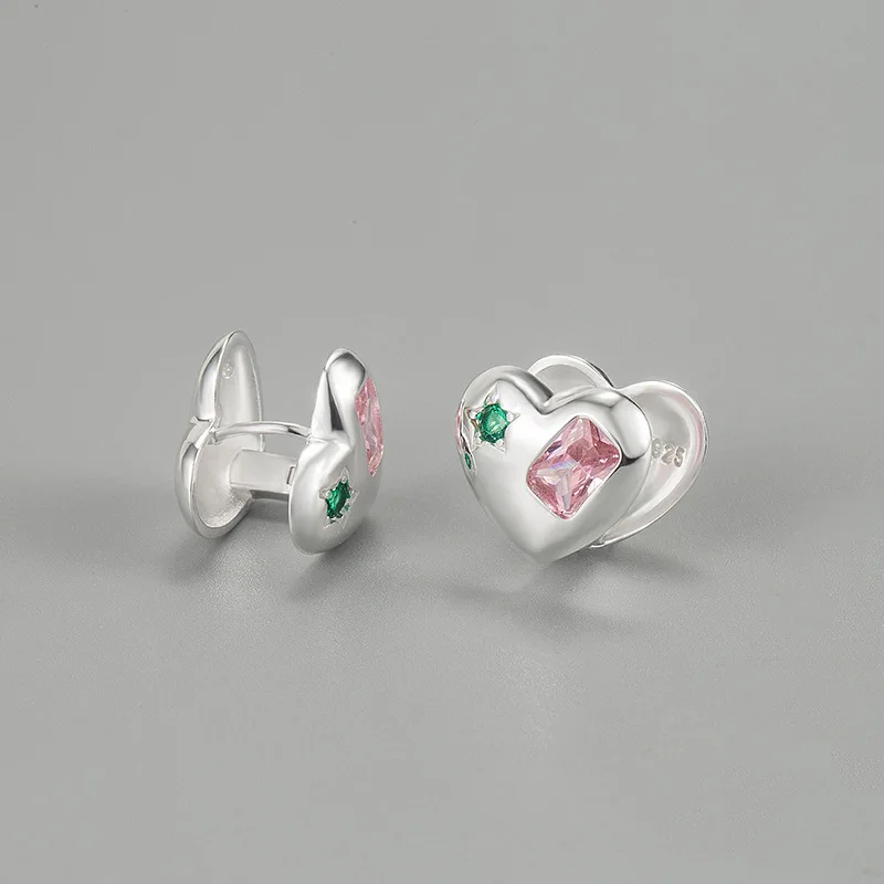 Silvology Real 925 Sterling Silver Inlay Green Pink Zircon Heart Stud Earrings for Women Luxury Sleeper Earrings Simple Jewelry