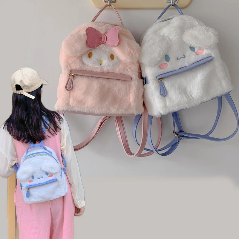 

Kawaii Sanrio Mymelody Cinnamoroll Backpack New Plush Backpack Cartoon Cute Girl Heart Convenient Small Backpack Decorative Bag