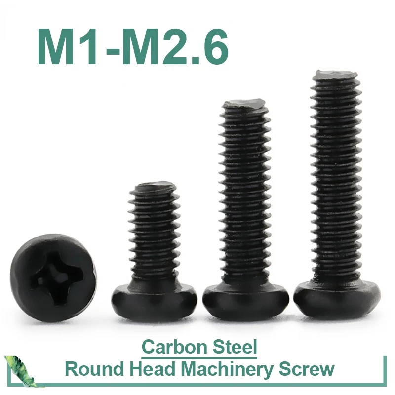 

100pcs/pack Cross Recessed Pan Head Screw M1 M1.2 M1.4 M1.6 M2 M2.5 M3 M4 M6 Carbon Steel Black Phillips Machine Screw GRADE 4.8