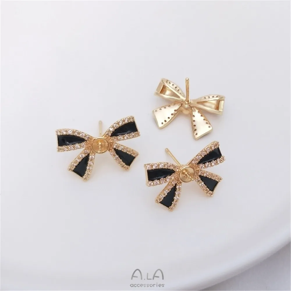 

925 silver needle half hole pearl bracer bow stud black zircon 14K gold wrapped diy temperament light luxury earrings