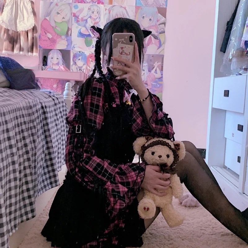 

Summer Dresses for Women Plaid Kawaii Pink Clothes Short Sleeve Strap Midi Dress Lolita Harajuku Cottagecore Robe Y2K