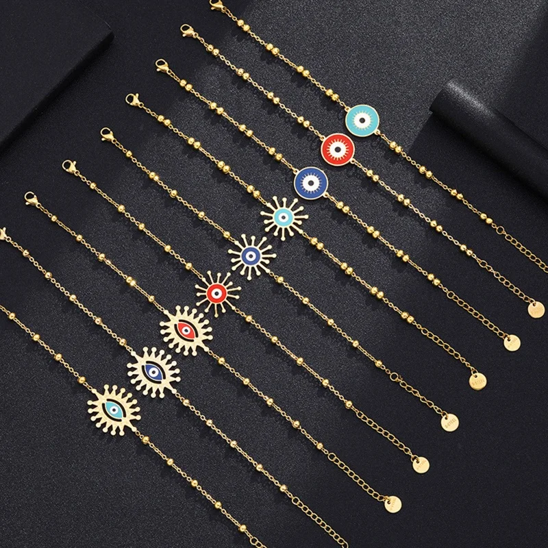 

304 Stainless Steel Multicolor Evil Eye Enamel Stylish Bracelets Gold Color Link For Women Jewelry Bracelet 18cm long, 1 Piece