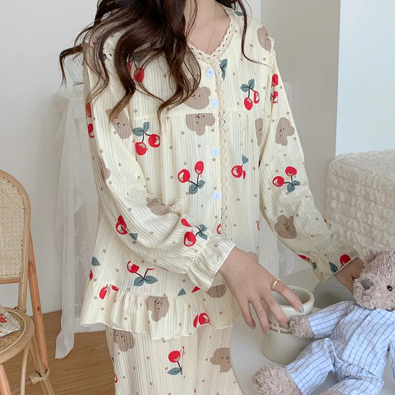 Lace Homewear Pajamas Set Women Sweet Princess Flower Print Full-Sleeve Fashion Soft Comfortable Pyjamas Clothes Big Size