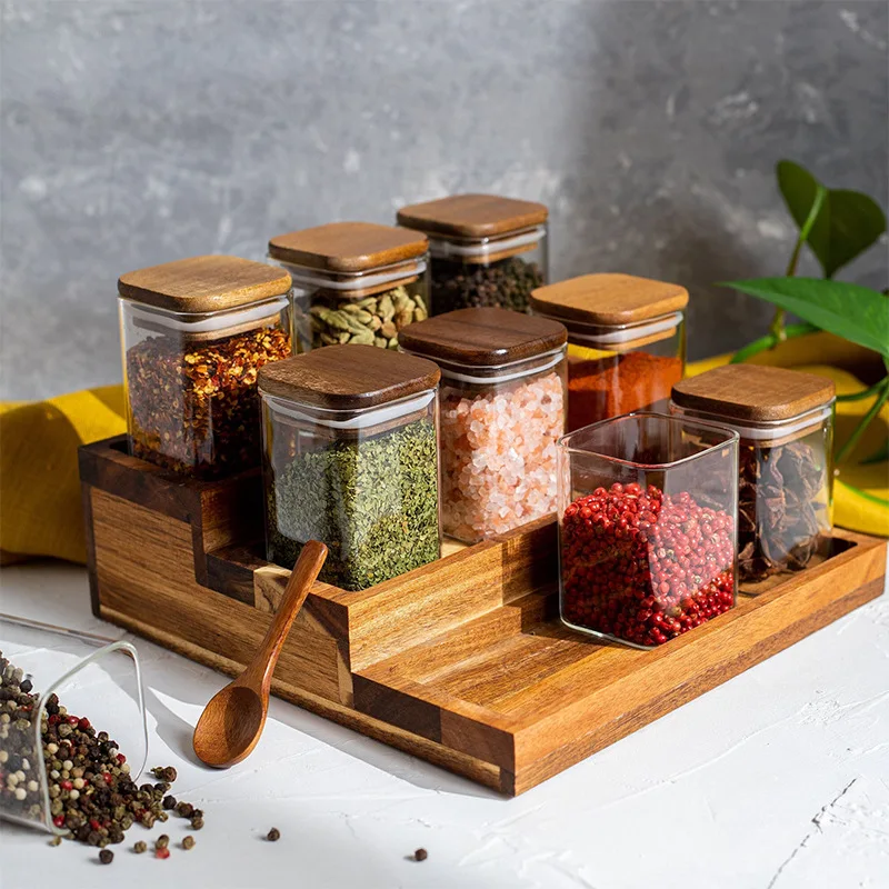

4Pcs Acacia Wood Cover Seasoning Jar Square Transparent Glass Bottles Kitchen Storage Salt Spice Restaurant Sealing Cans