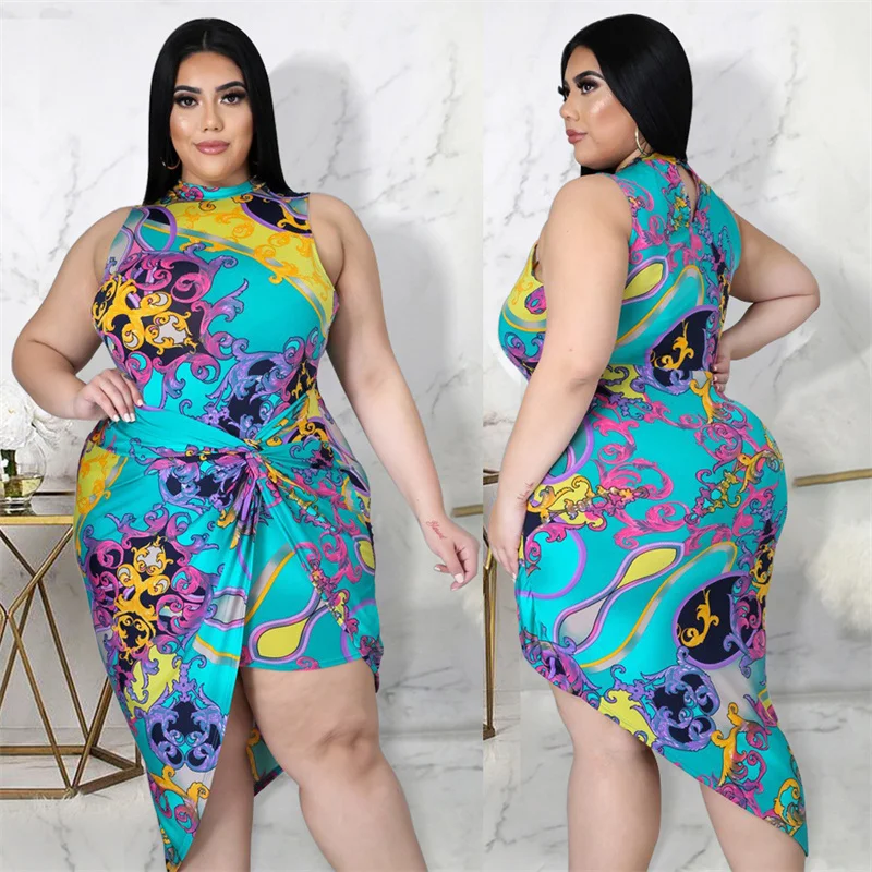 

New Fashion Oversize Women's Slim Cross Knot Round Neck Irregular Digital Print Dress