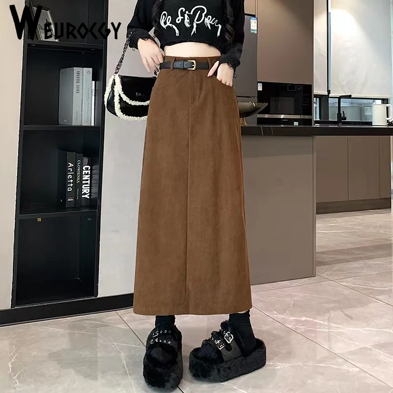 Осень-зима 2024 новый стиль вельветовые юбки для женщин модные однотонные теплые