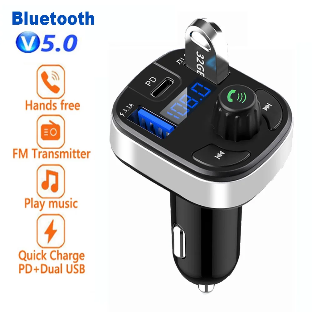 Car Bluetooth 5.0 FM Transmitter Dual USB PD Type C Fast Charge Car Charger Bluetooth Microphone Handsfree Car FM Modulator