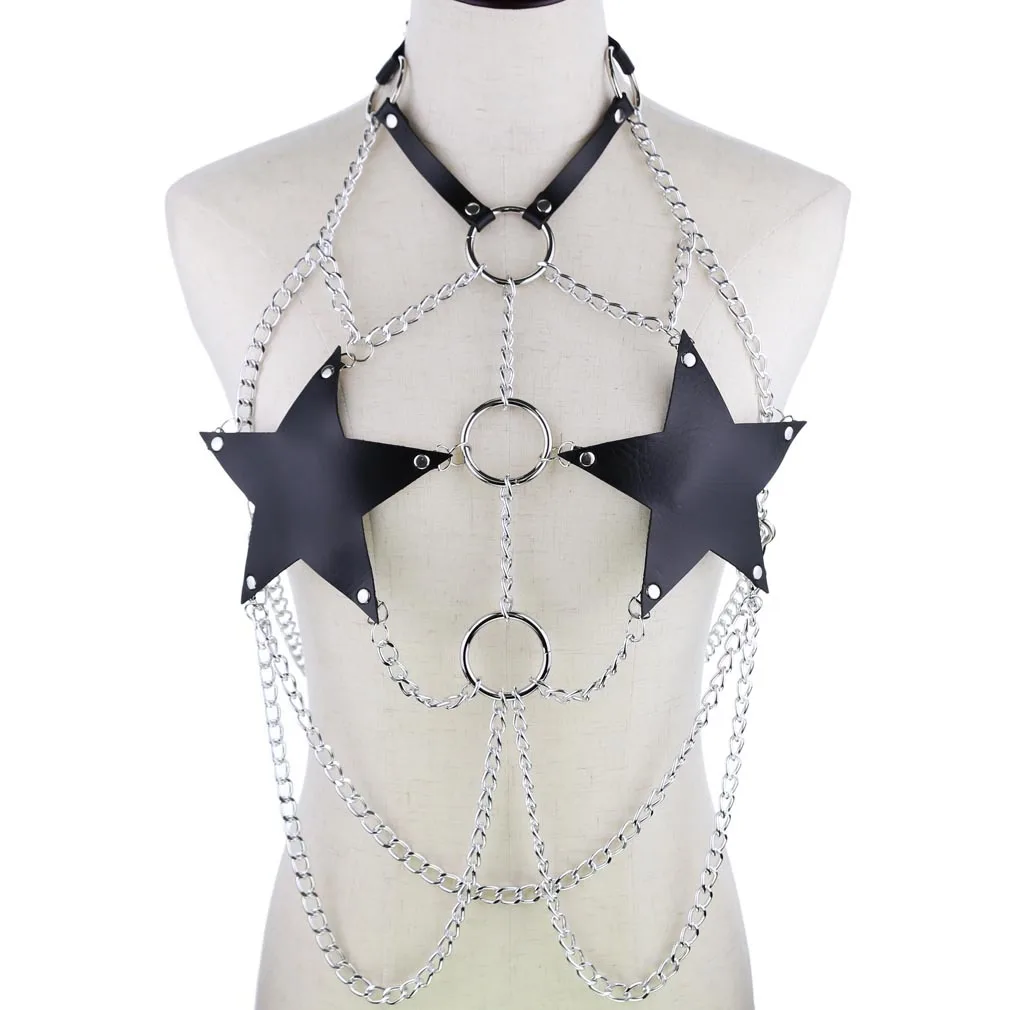 

Sexy Women Chain Chest Strap Pentagram Harness Body Bondage Choker Top Gothic Erotic Lingerie Harajuku Suspenders Garter Belts