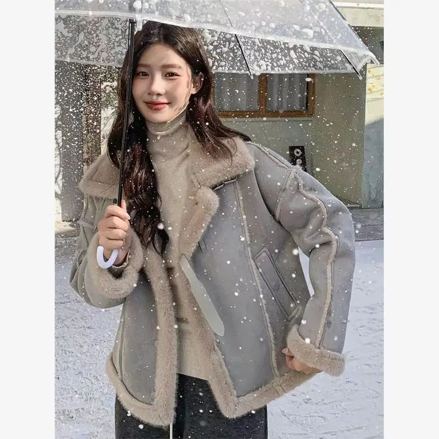 Haze Blue Lamb Wool Верхняя одежда Женская зимняя популярная высококачественная