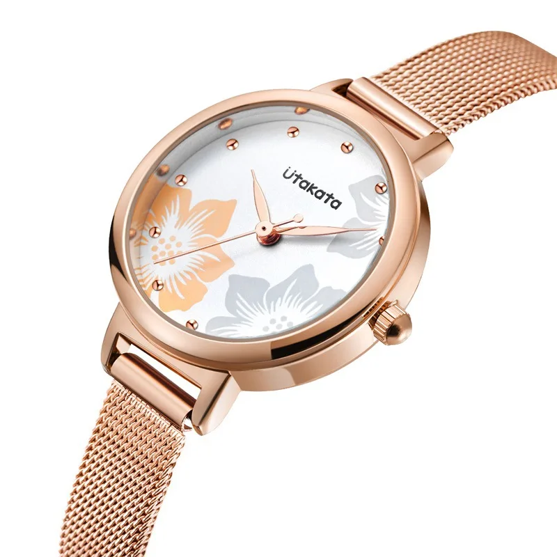 Utakata New Brand Women Wristwatches Stainless Steel Woman's Quartz Wristwatches Rose Golden Young Girl's Clock Free Shipping