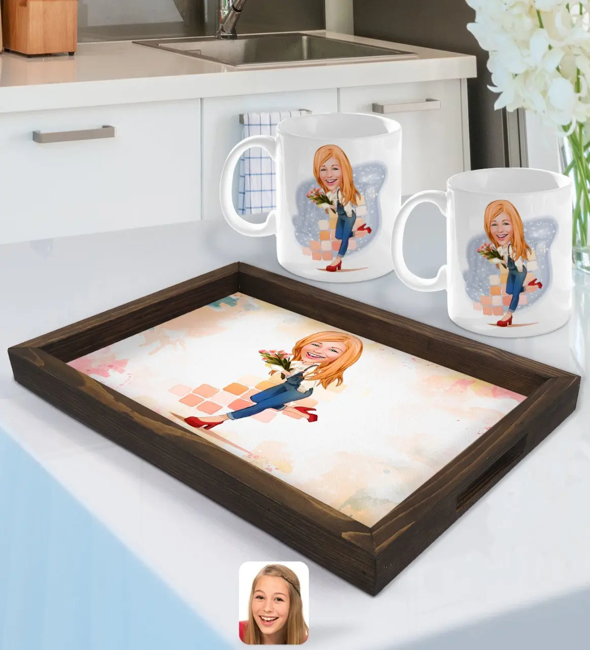 

Персонализированная Женская карикатура поднос из натурального дерева и 2gang Cup Seti-13