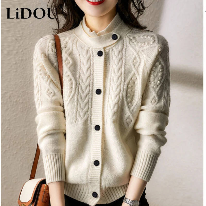 

Spring Autumn Fashion Aesthetic Chic Simple Sweater Women Solid Color Elegant Jacquard Lady Cardigan Casual Tops Female Clothes