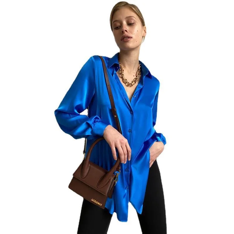 

Блузка Женская атласная однотонная с длинным рукавом, элегантная шикарная Повседневная рубашка свободного покроя на пуговицах, в винтажном стиле, синяя зеленая, 2023