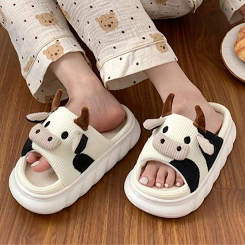 2023 Linen Cows Women's Slippers Indoor Home Sandals Slippers for Women Cute Cartoon Milk Cow House Women Slippers Funny Shoes